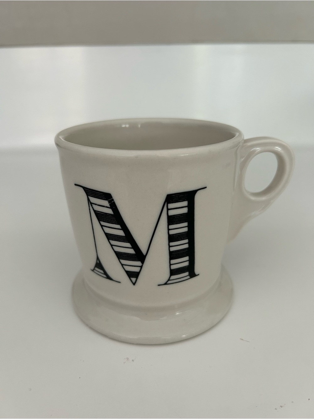Anthropologie White Ceramic Mug with Striped 'M' Monogram